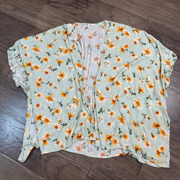 Maurices Kimono One Size Green Floral Print Ruffle Sleeve Open Front Cardigan - Picture 1 of 5